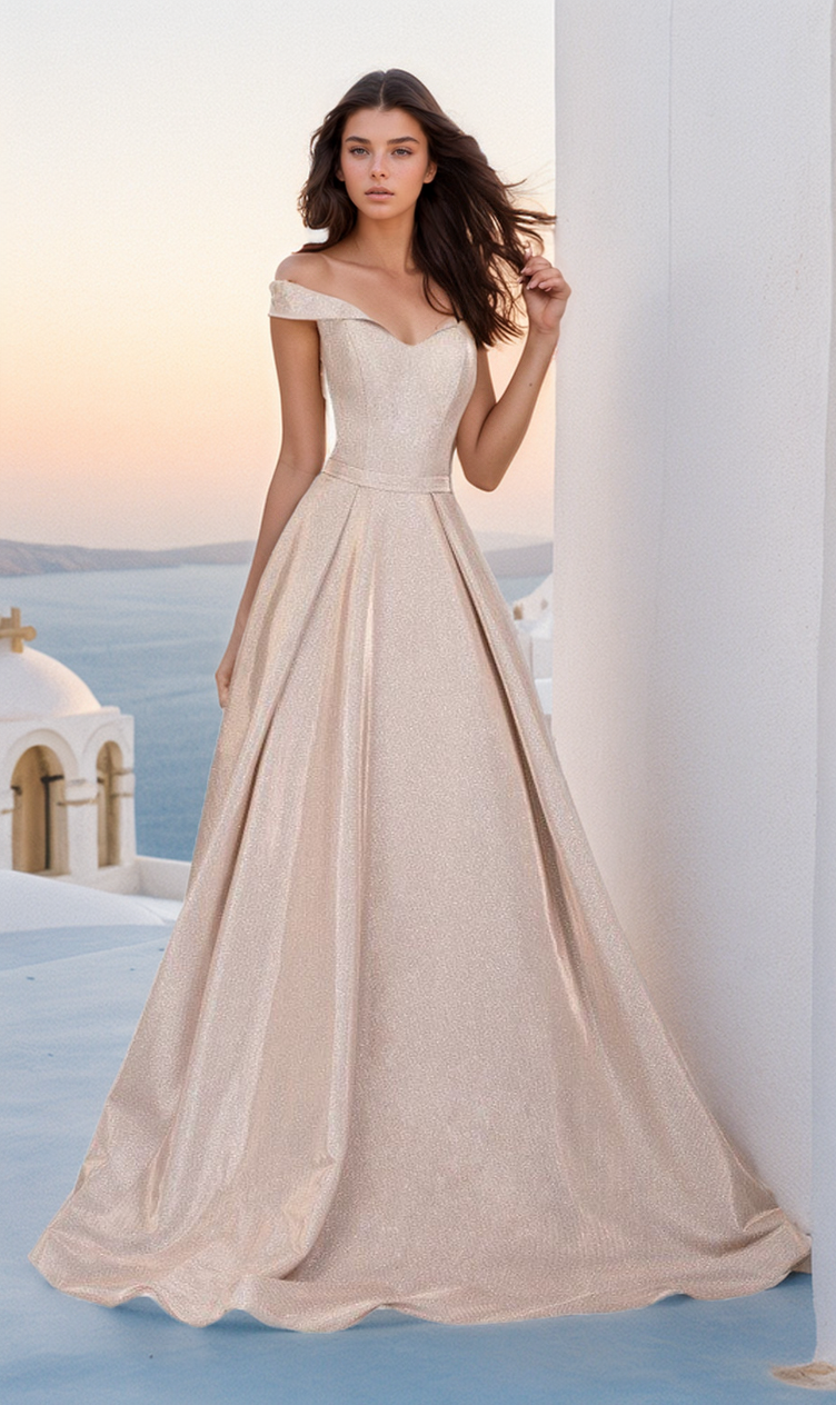 A woman wearing the Off-Shoulder Long A-Line Prom Dress: Chicas BT9017 stands outdoors by white architecture, with the sea and a sunset in the background.